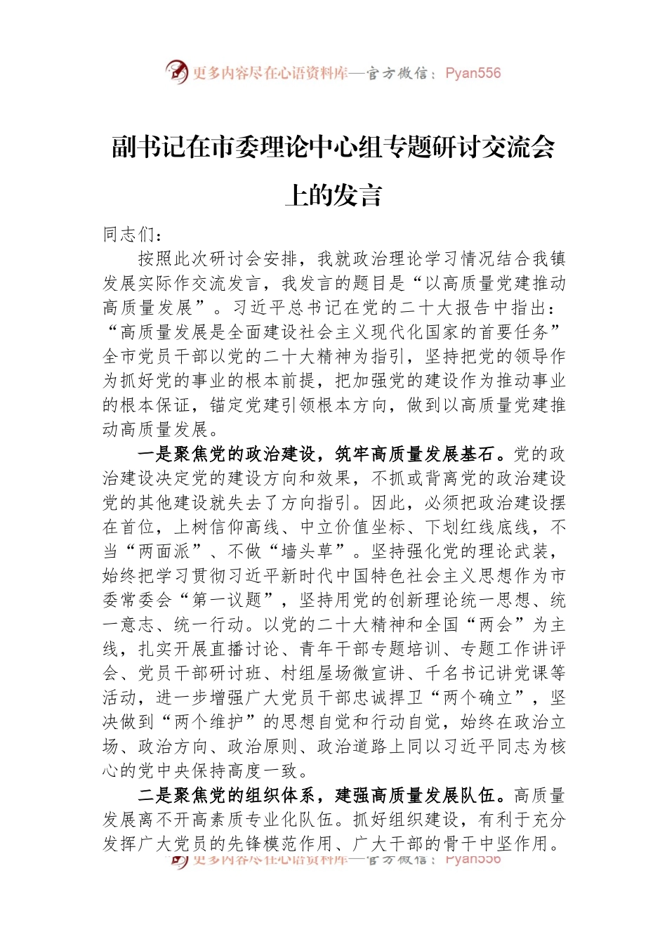 副书记在市委理论中心组专题研讨交流会上的发言.docx_第1页