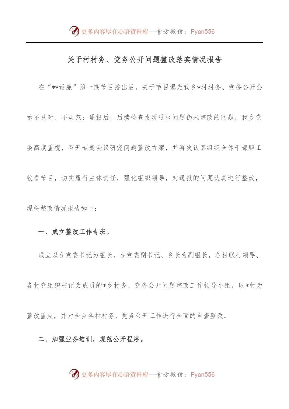 关于村村务、党务公开问题整改落实情况报告.docx_第1页