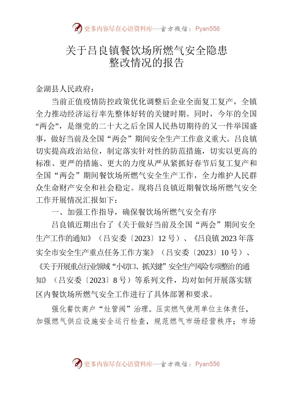 关于吕良镇餐饮场所燃气安全隐患整改情况的报告2023.2.25.docx_第1页