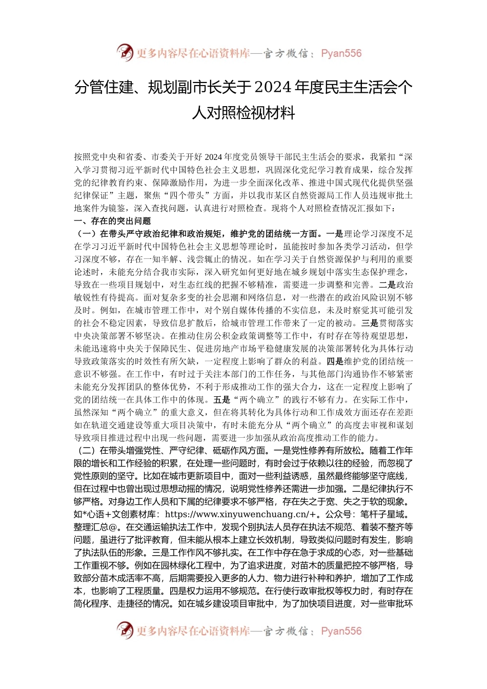 分管住建、规划副市长关于2024年度民主生活会个人对照检视材料.docx_第1页