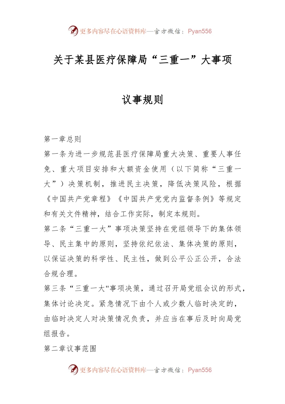 关于某县医疗保障局“三重一”大事项议事规则.docx_第1页