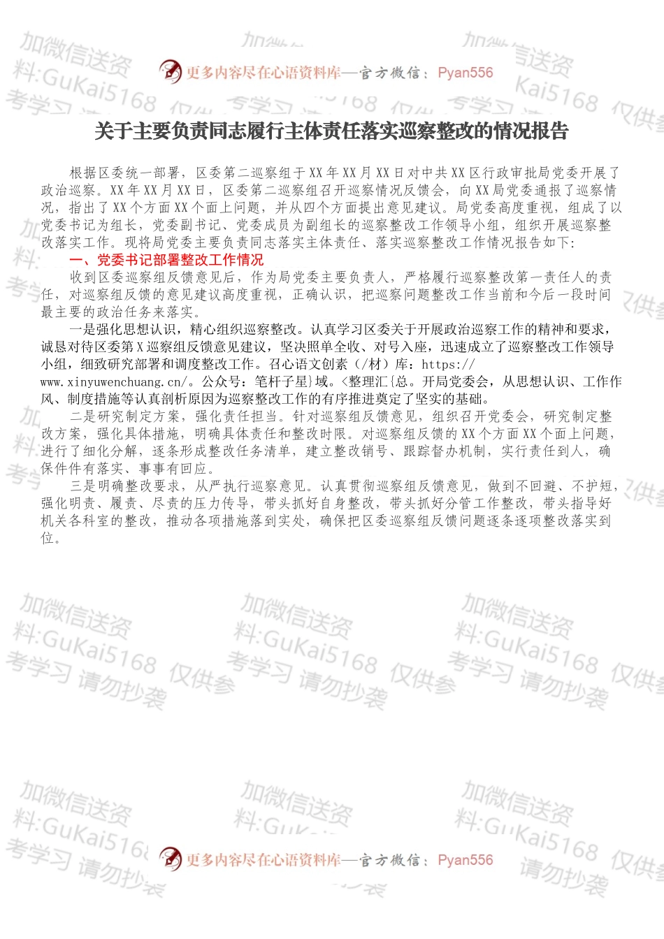 关于主要负责同志履行主体责任落实巡察整改的情况报告.docx_第1页
