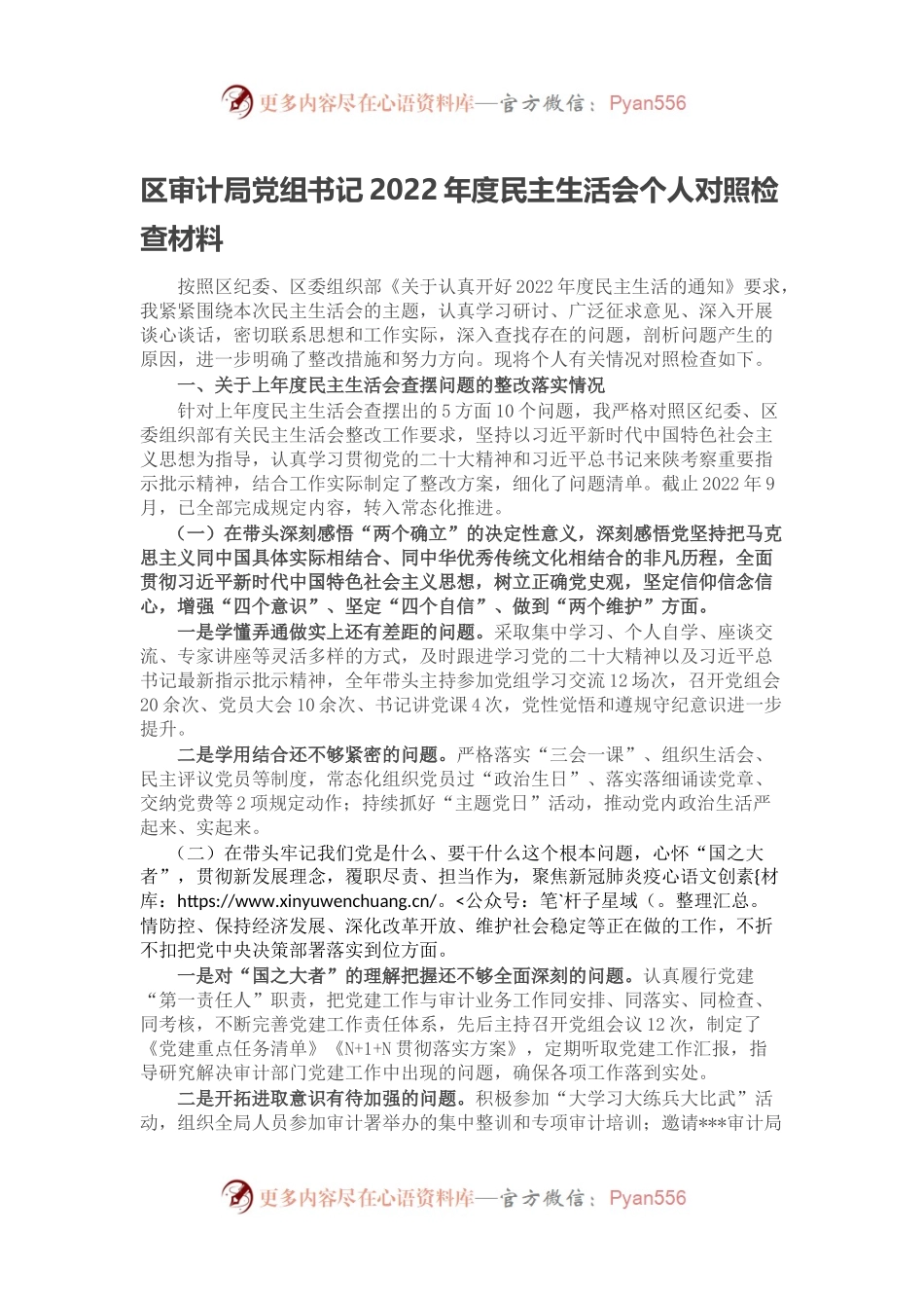 区审计局党组书记2022年度民主生活会个人对照检查材料.docx_第1页