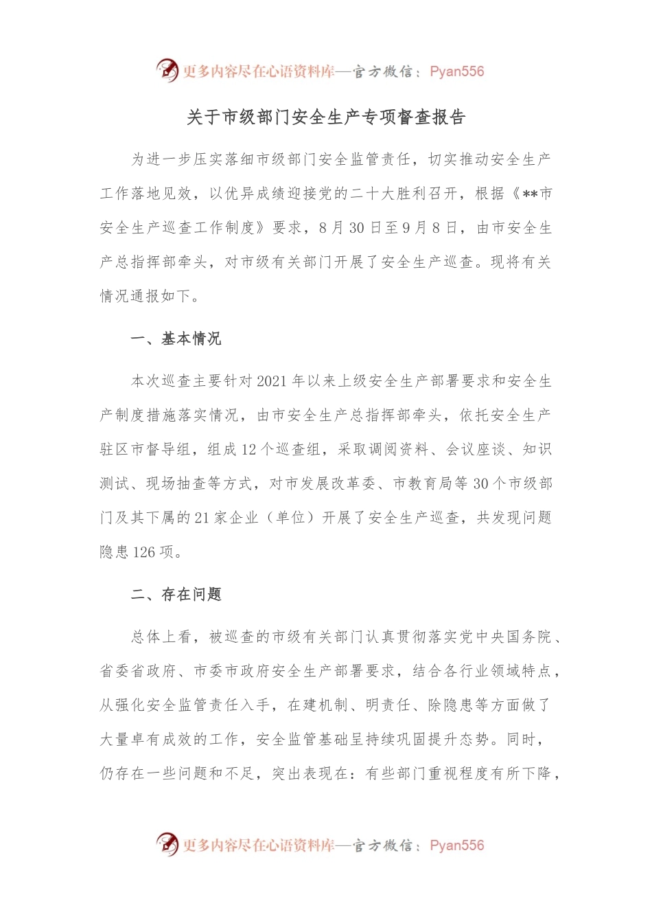 关于市级部门安全生产专项督查报告.docx_第1页