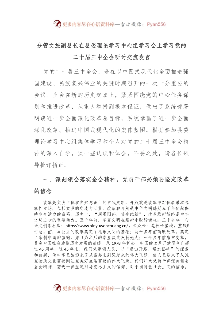 分管文旅副县长在县委理论学习中心组学习会上学习党的二十届三中全会研讨交流发言.docx_第1页