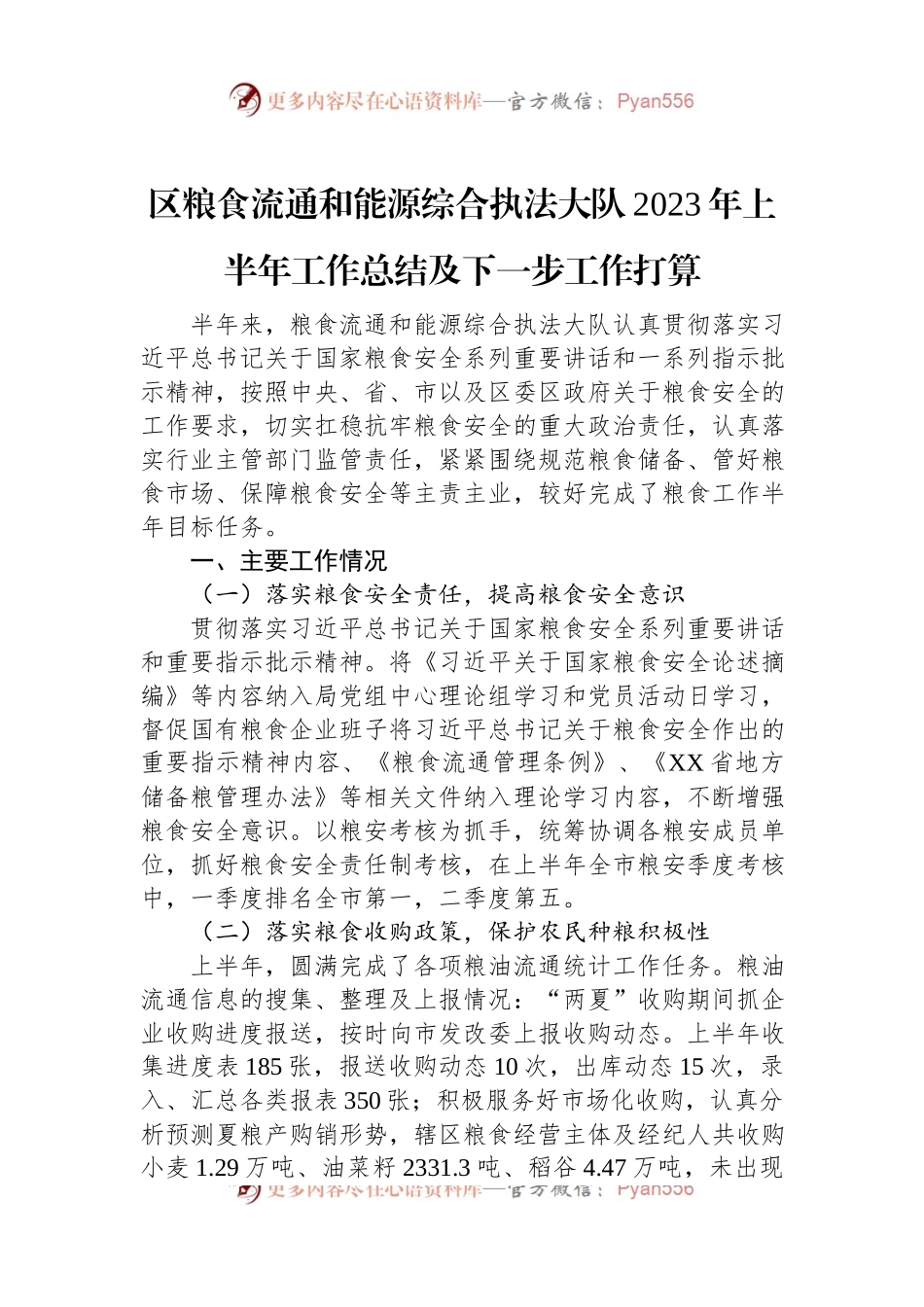 区粮食流通和能源综合执法大队2023年上半年工作总结及下一步工作打算.docx_第1页