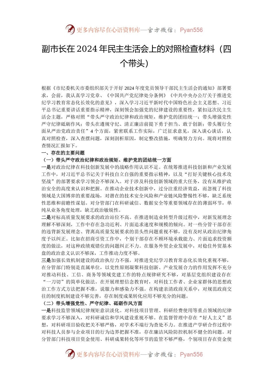 副市长在2024年民主生活会上的对照检查材料（四个带头）.docx_第1页