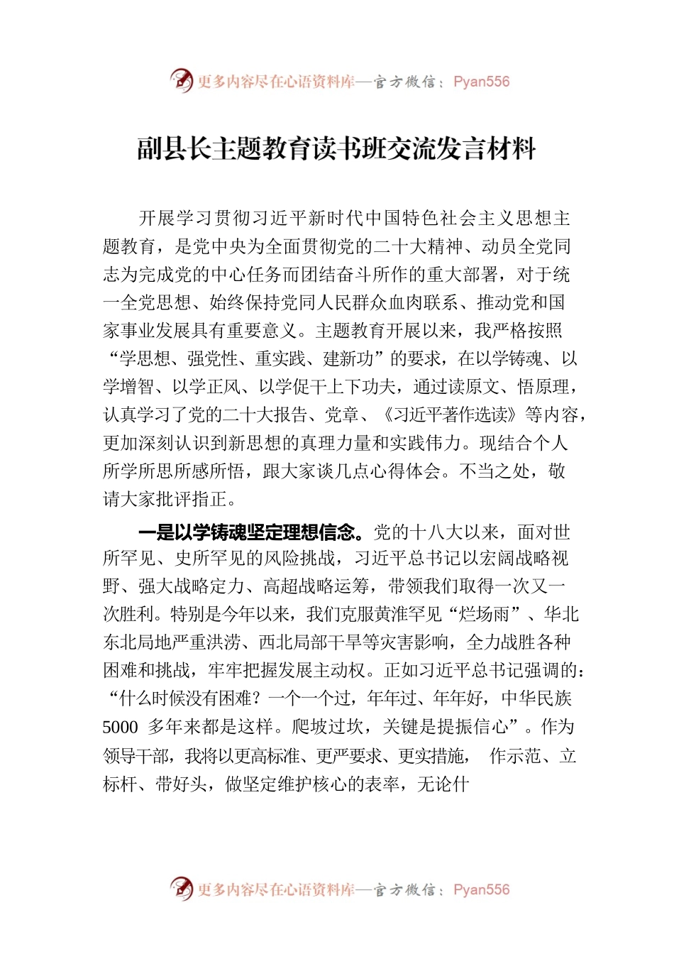 副县长主题教育读书班交流发言材料.docx_第1页