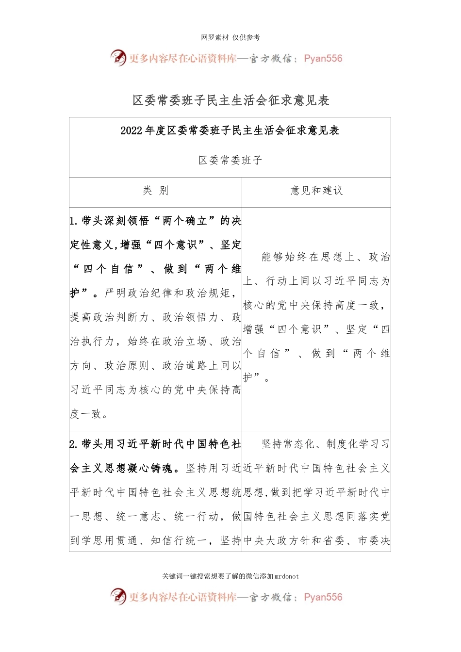 区委常委班子民主生活会征求意见表.docx_第1页