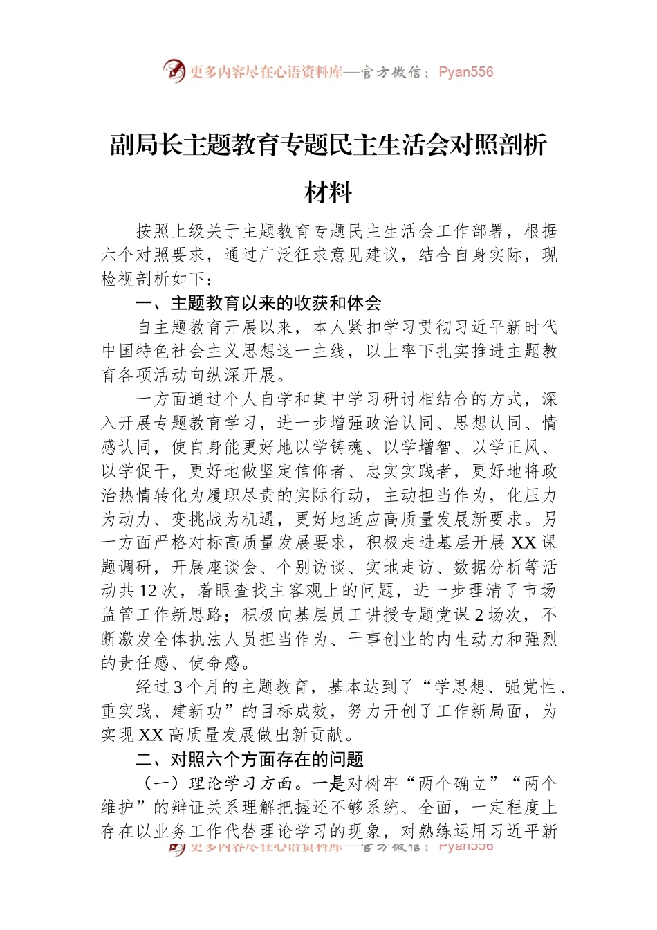 副局长主题教育专题民主生活会对照剖析材料.docx_第1页