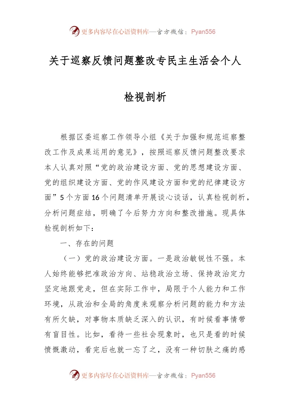 关于巡察反馈问题整改专民主生活会个人检视剖析.docx_第1页