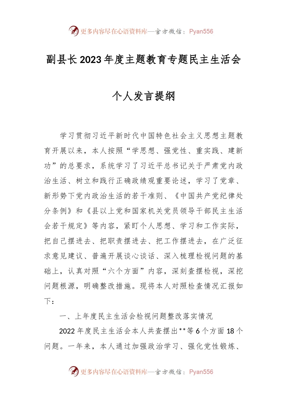 副县长2023年度主题教育专题民主生活会个人发言稿提纲.docx_第1页