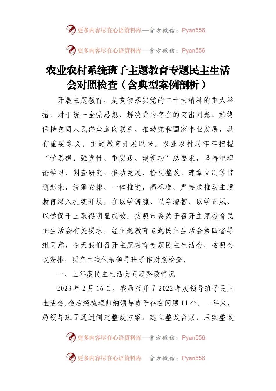 农业农村系统班子主题教育专题民主生活会对照检查（含典型案例剖析）.docx_第1页
