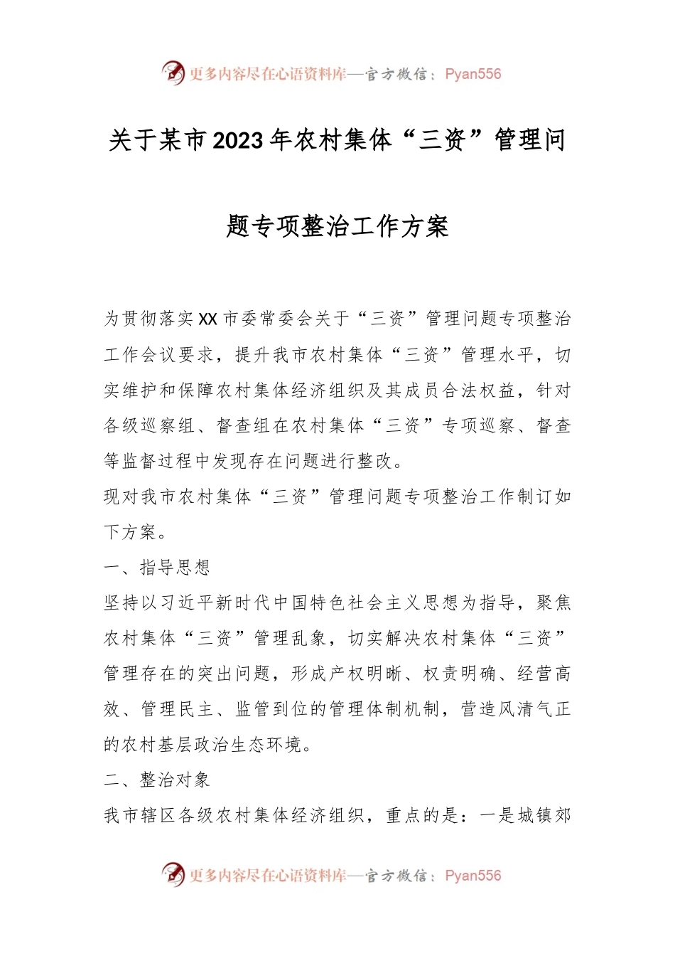 关于某市2023年农村集体“三资”管理问题专项整治工作方案.docx_第1页