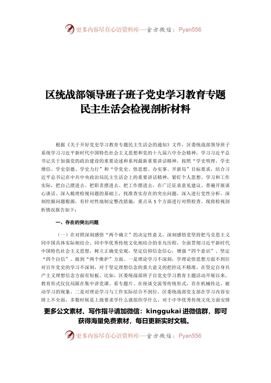 区统战部领导班子班子党史学习教育专题民主生活会检视剖析材料.docx_第1页