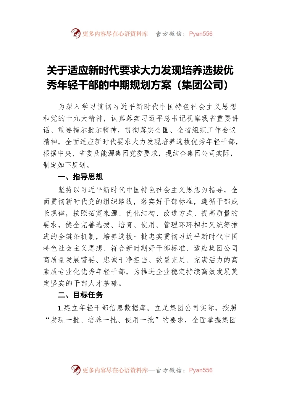 关于适应新时代要求大力发现培养选拔优秀年轻干部的中期规划方案（集团公司）.docx_第1页