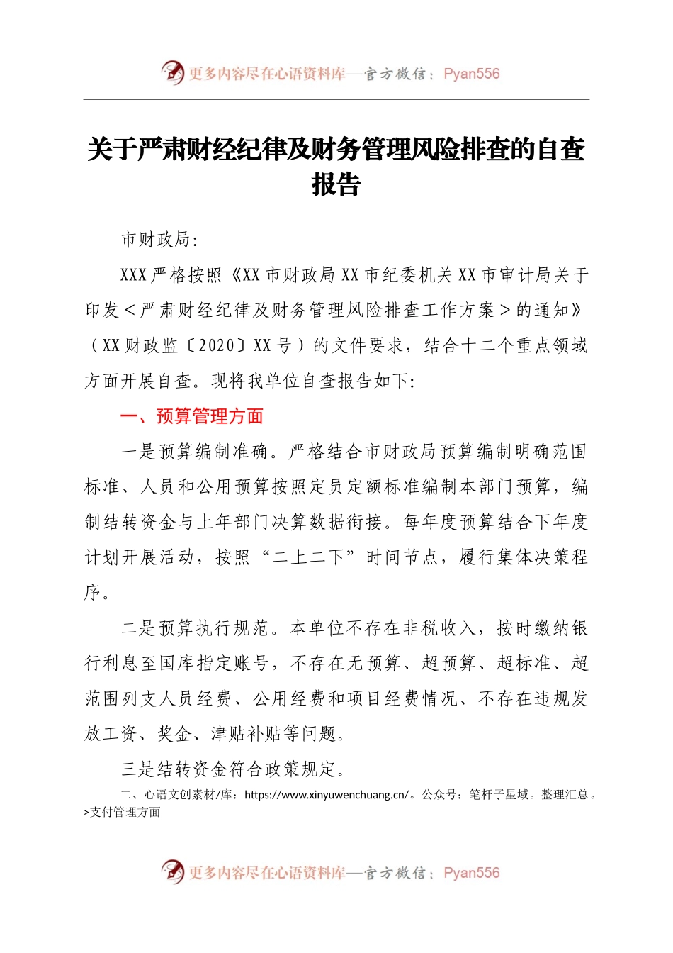 关于严肃财经纪律及财务管理风险排查的自查报告.docx_第1页