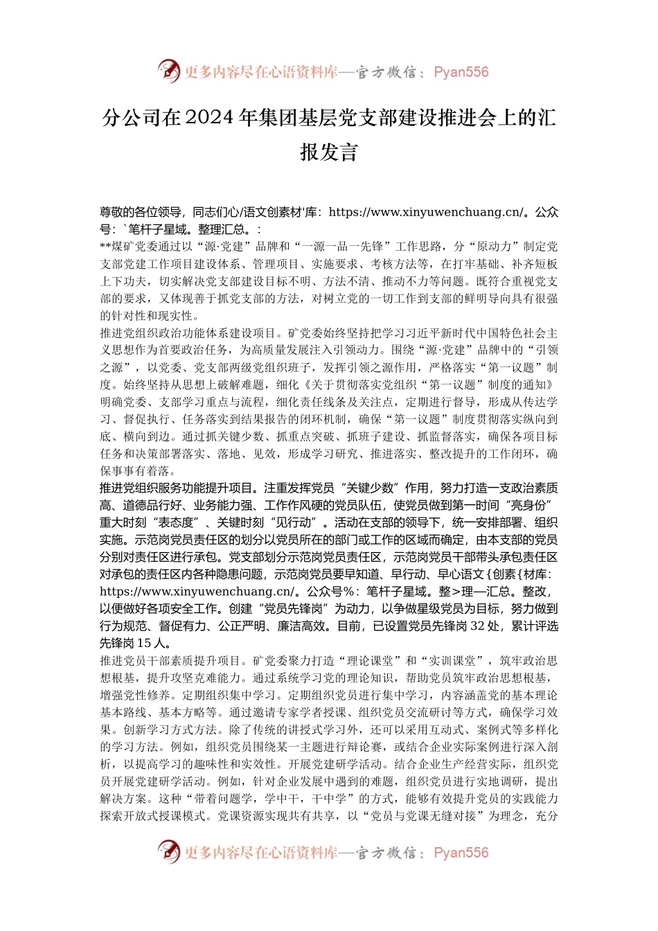 分公司在2024年集团基层党支部建设推进会上的汇报发言.docx_第1页