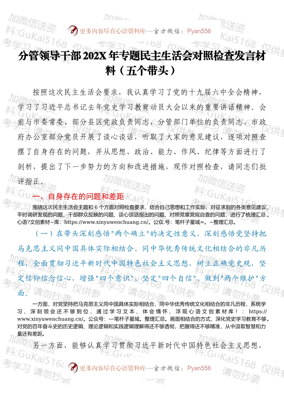 分管领导干部202X年专题民主生活会对照检查发言材料（五个带头）.docx_第1页