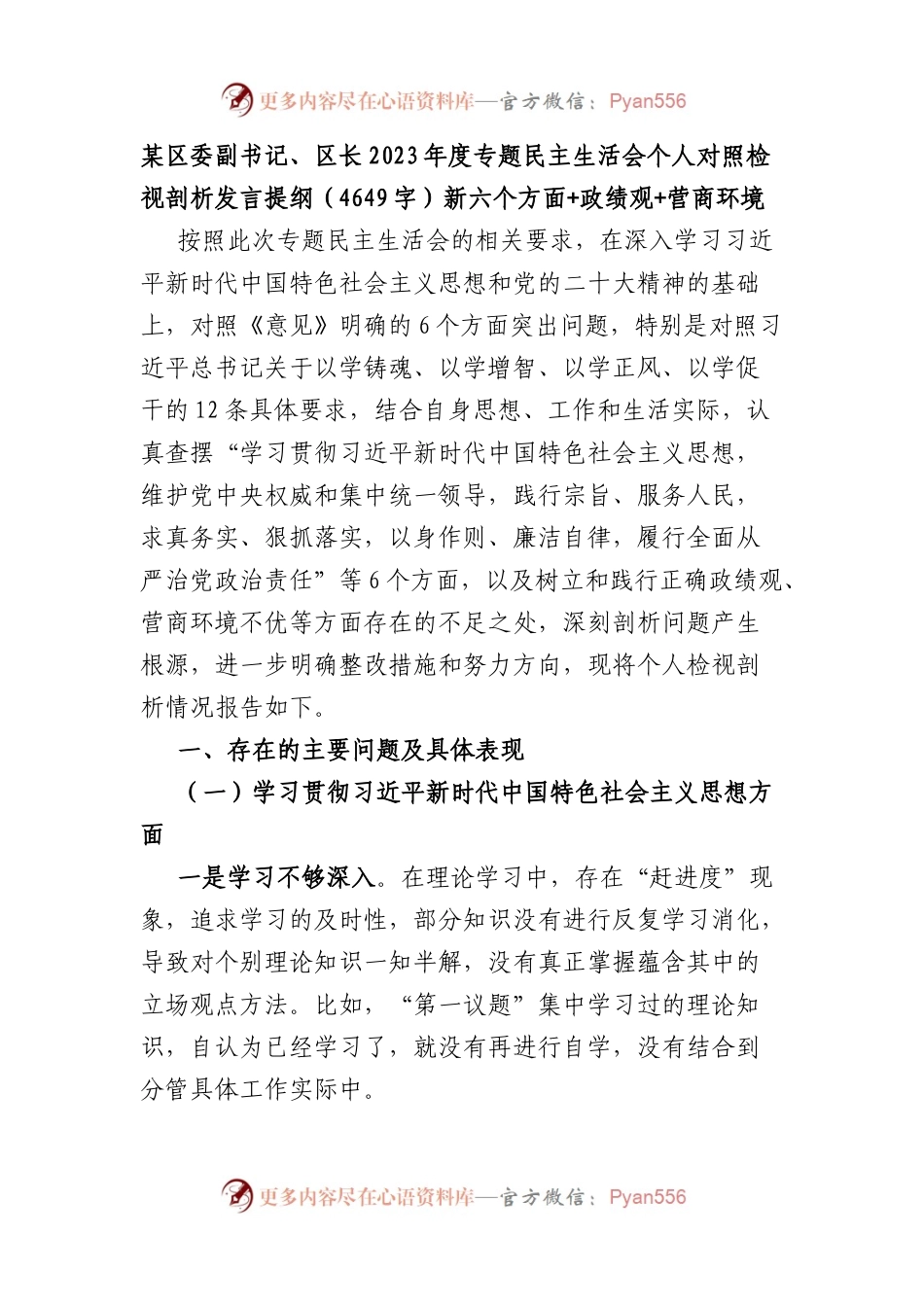区委副书记、区长2023年度专题民主生活会个人对照检视剖析发言提纲（践行宗旨等6个方面+政绩观+营商环境.docx_第1页