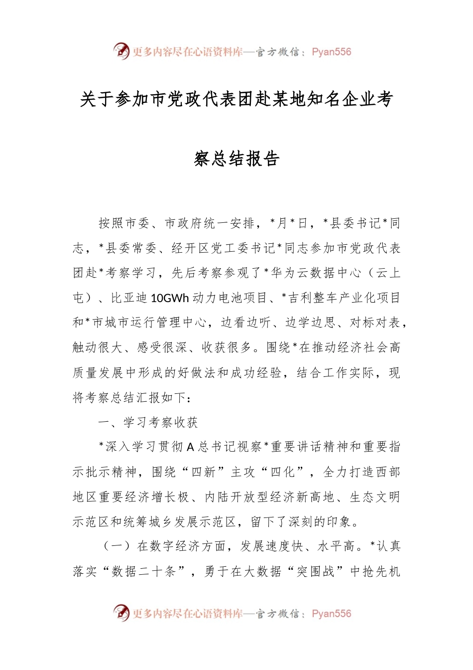 关于参加市党政代表团赴某地知名企业考察总结报告.docx_第1页