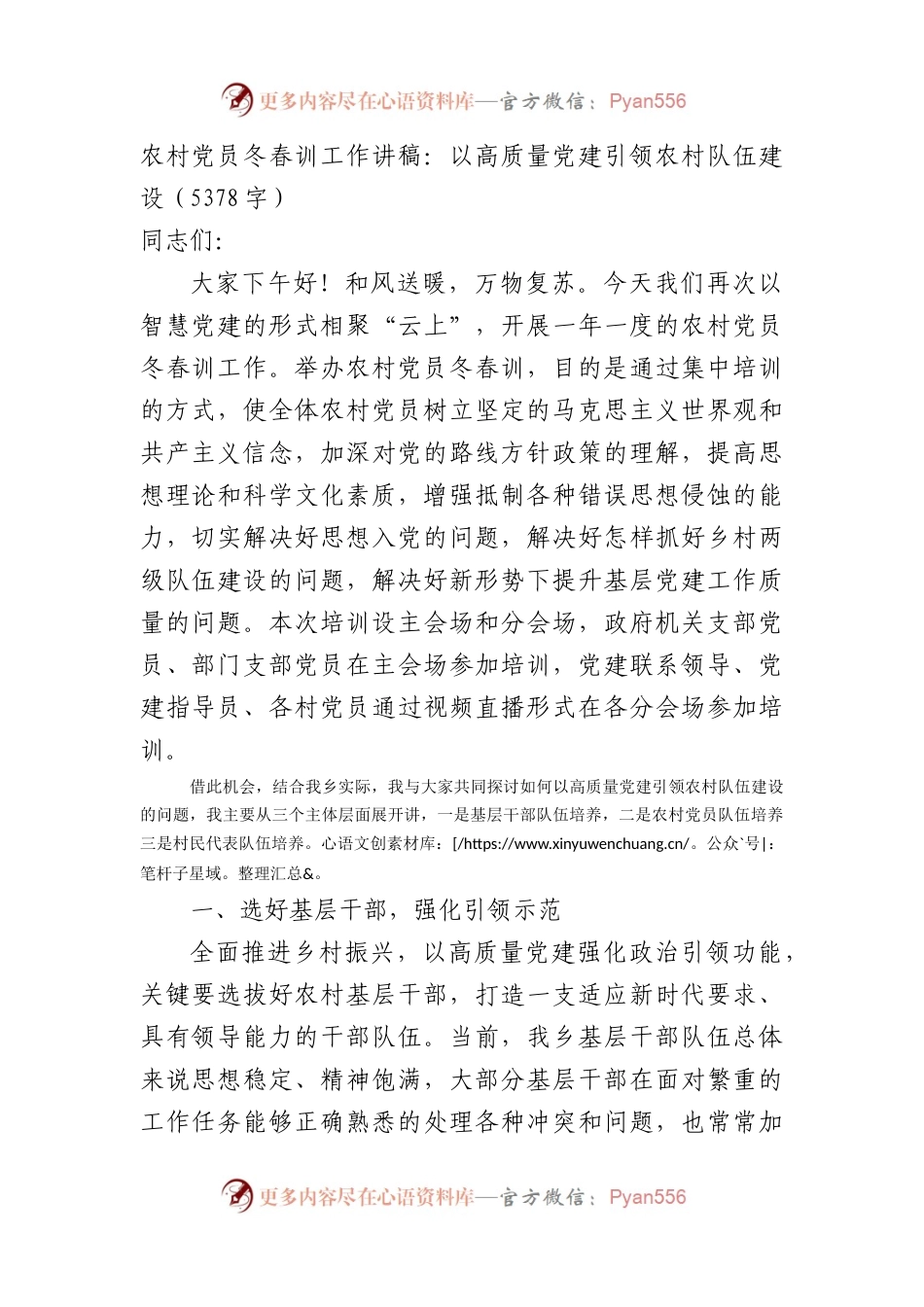 农村党员冬春训工作讲稿：以高质量党建引领农村队伍建设.docx_第1页