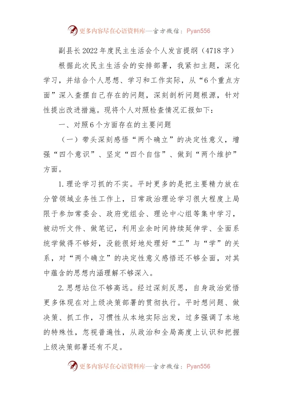 副县长2022年度民主生活会个人发言提纲.docx_第1页