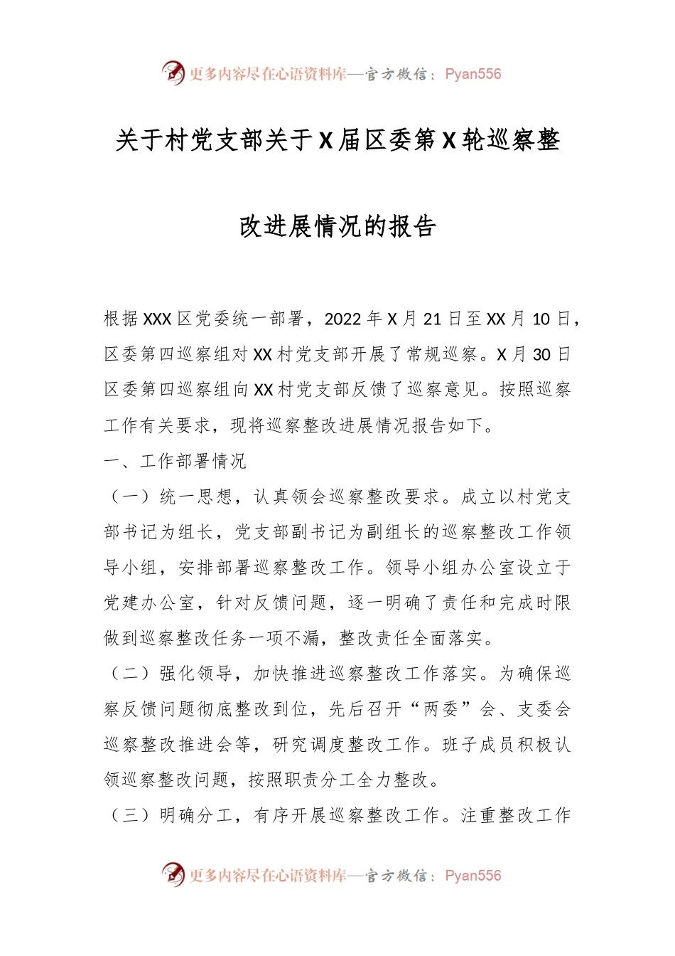 关于村党支部关于X届区委第X轮巡察整改进展情况的报告.docx_第1页