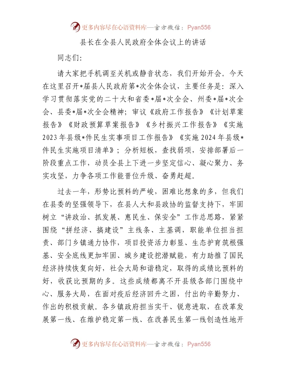 县长在全县人民政府全体会议上的讲话.docx_第1页