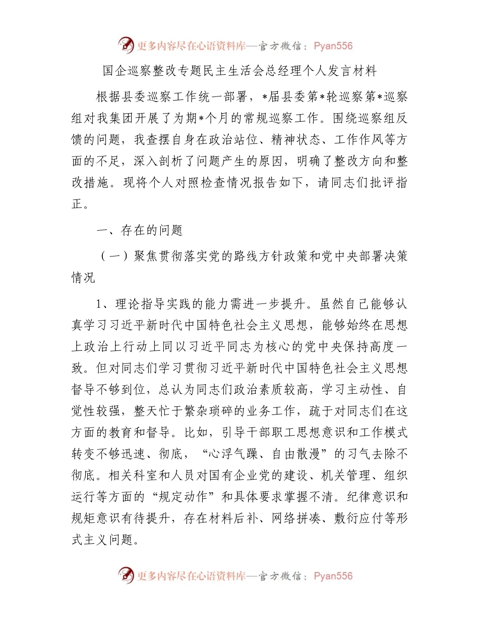 国企巡察整改专题民主生活会总经理个人发言材料.docx_第1页