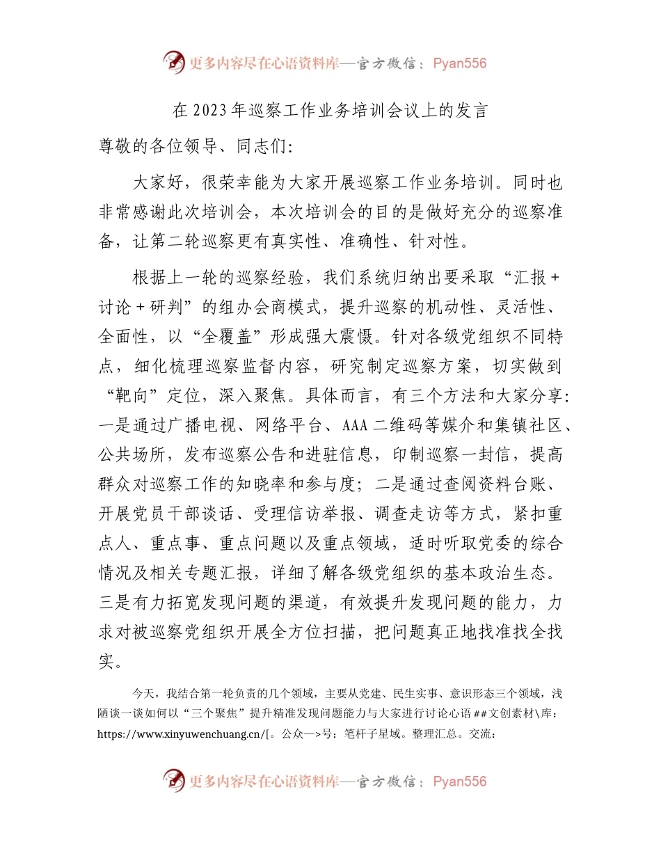 在2023年巡察工作业务培训会议上的发言3900字.docx_第1页