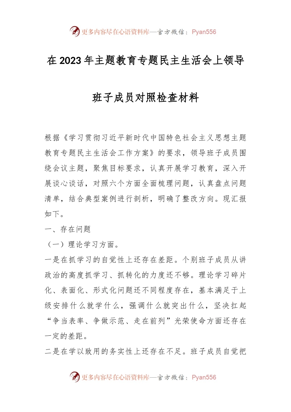 在2023年主题教育专题民主生活会上领导班子成员对照检查材料.docx_第1页