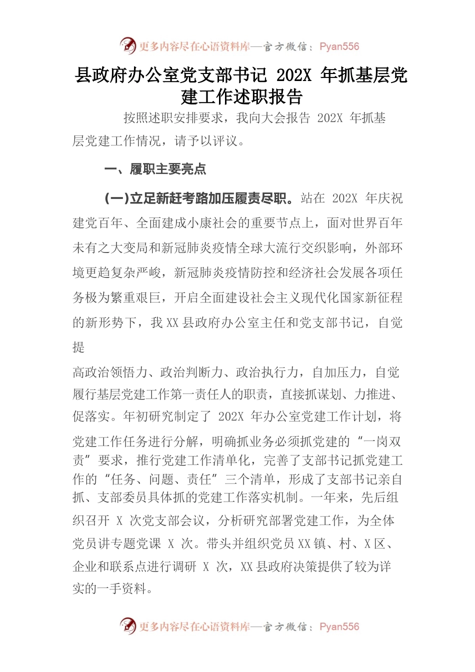 县政府办公室党支部书记202X年抓基层党建工作述职报告.docx_第1页