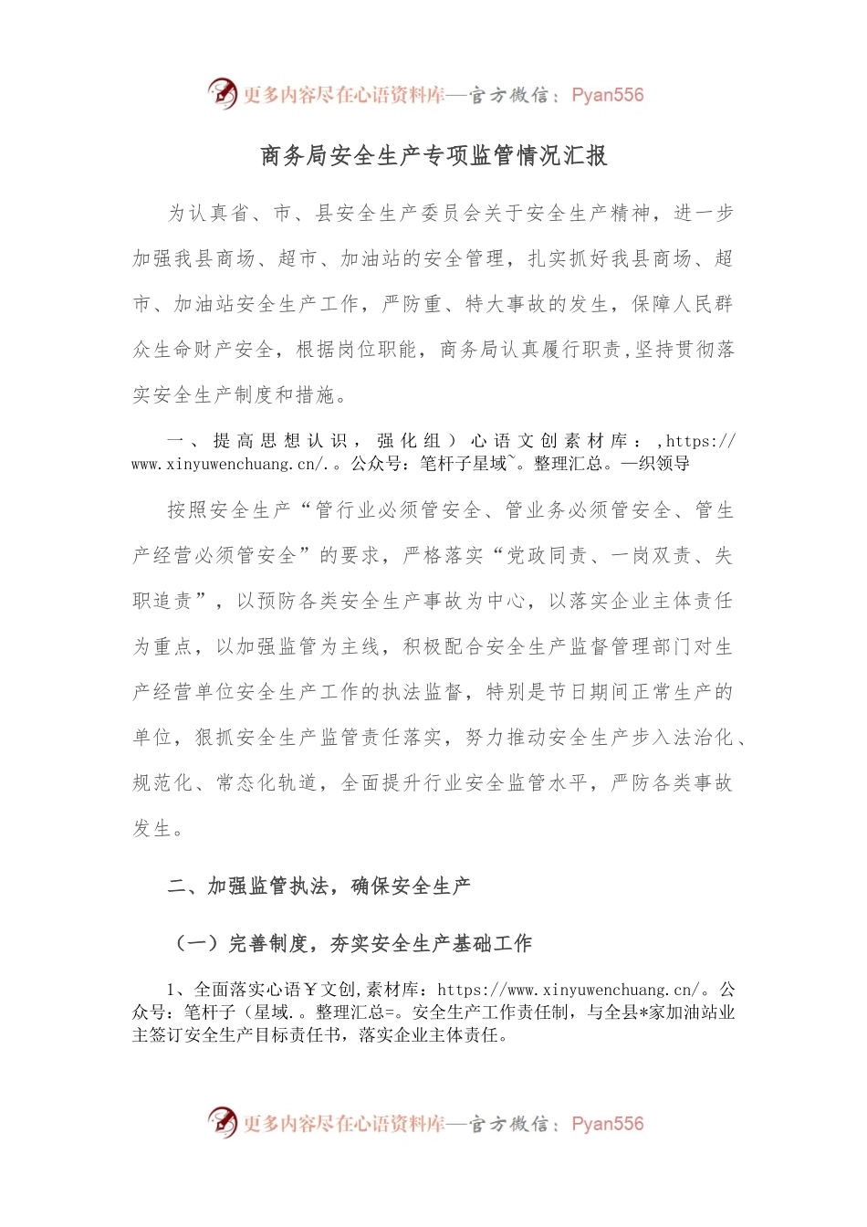商务局安全生产专项监管情况汇报.docx_第1页