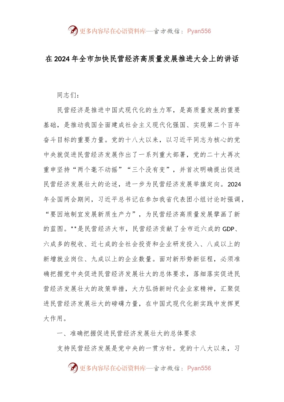 在2024年全市加快民营经济高质量发展推进大会上的讲话.docx_第1页