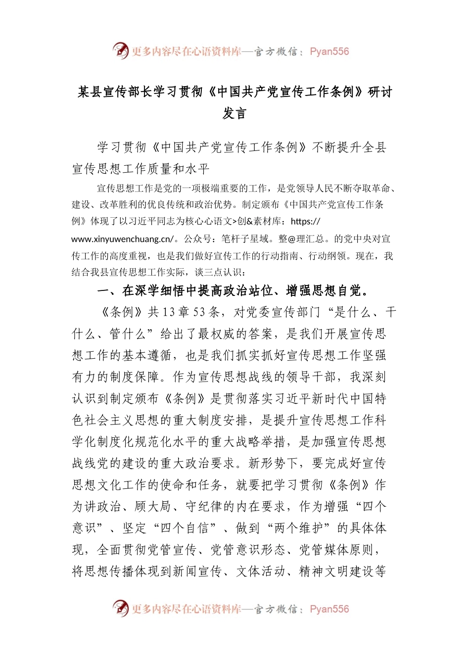 县宣传部长学习贯彻《中国共产党宣传工作条例》研讨发言.docx_第1页