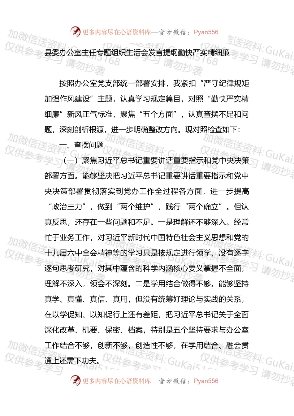 县委办公室主任专题组织生活会发言提纲（勤快严实精细廉）.docx_第1页