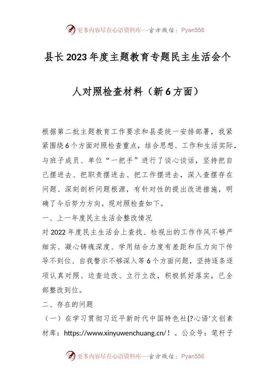 县长2023年度主题教育专题民主生活会个人对照检查材料（新6方面）.docx_第1页
