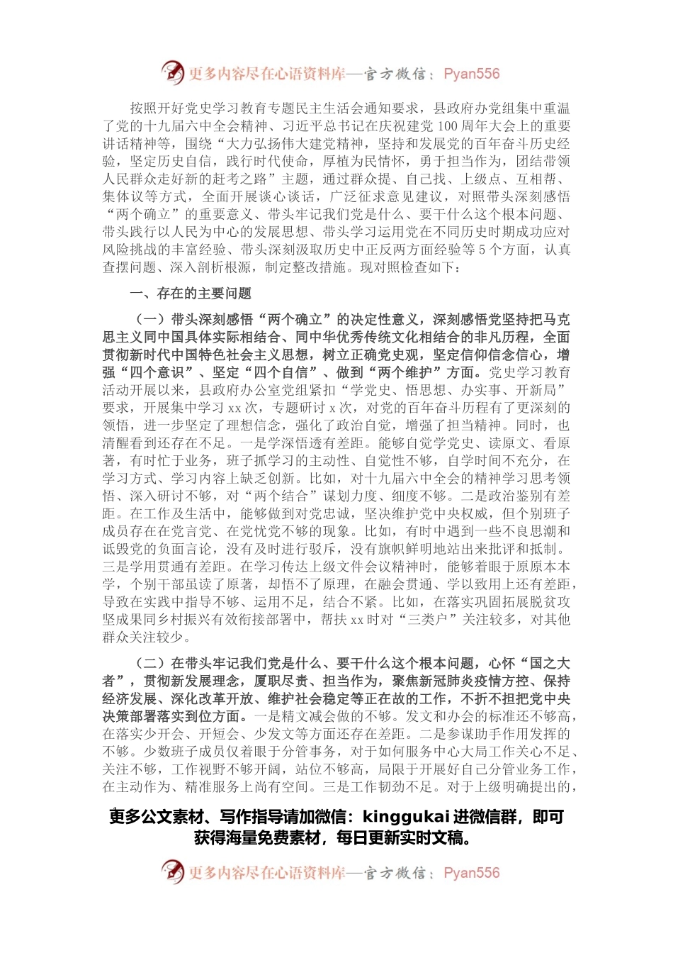 县政府办领导班子党史学习教育专题民主生活会对照检查材料.docx_第1页