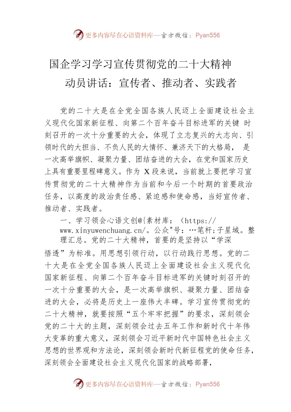 国企学习学习宣传贯彻党的二十大精神动员讲话：宣传者、推动者、实践者.docx_第1页