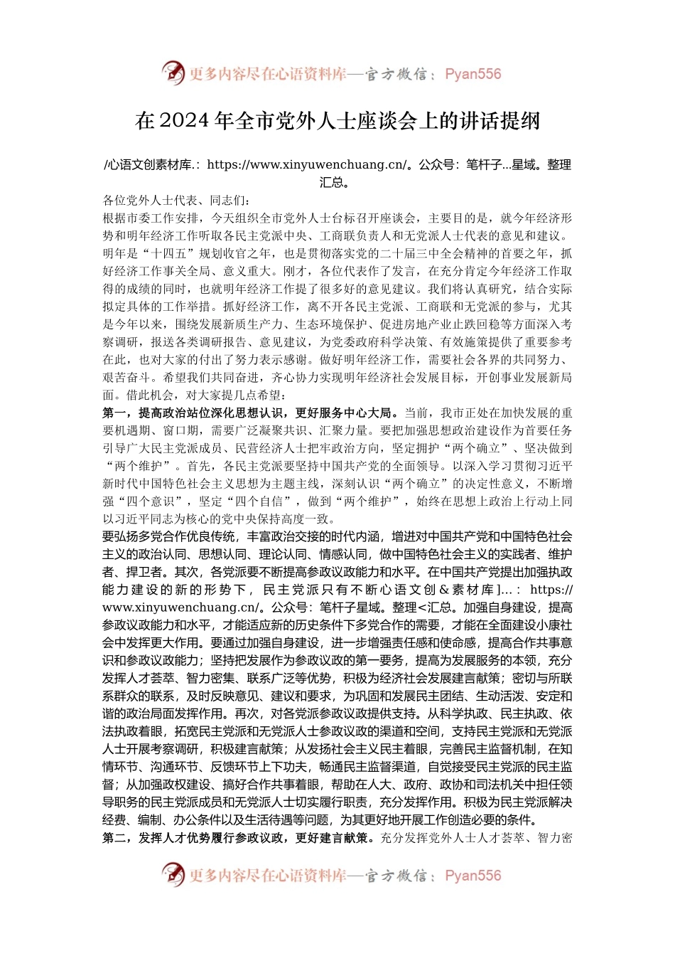 在2024年全市党外人士座谈会上的讲话提纲.docx_第1页
