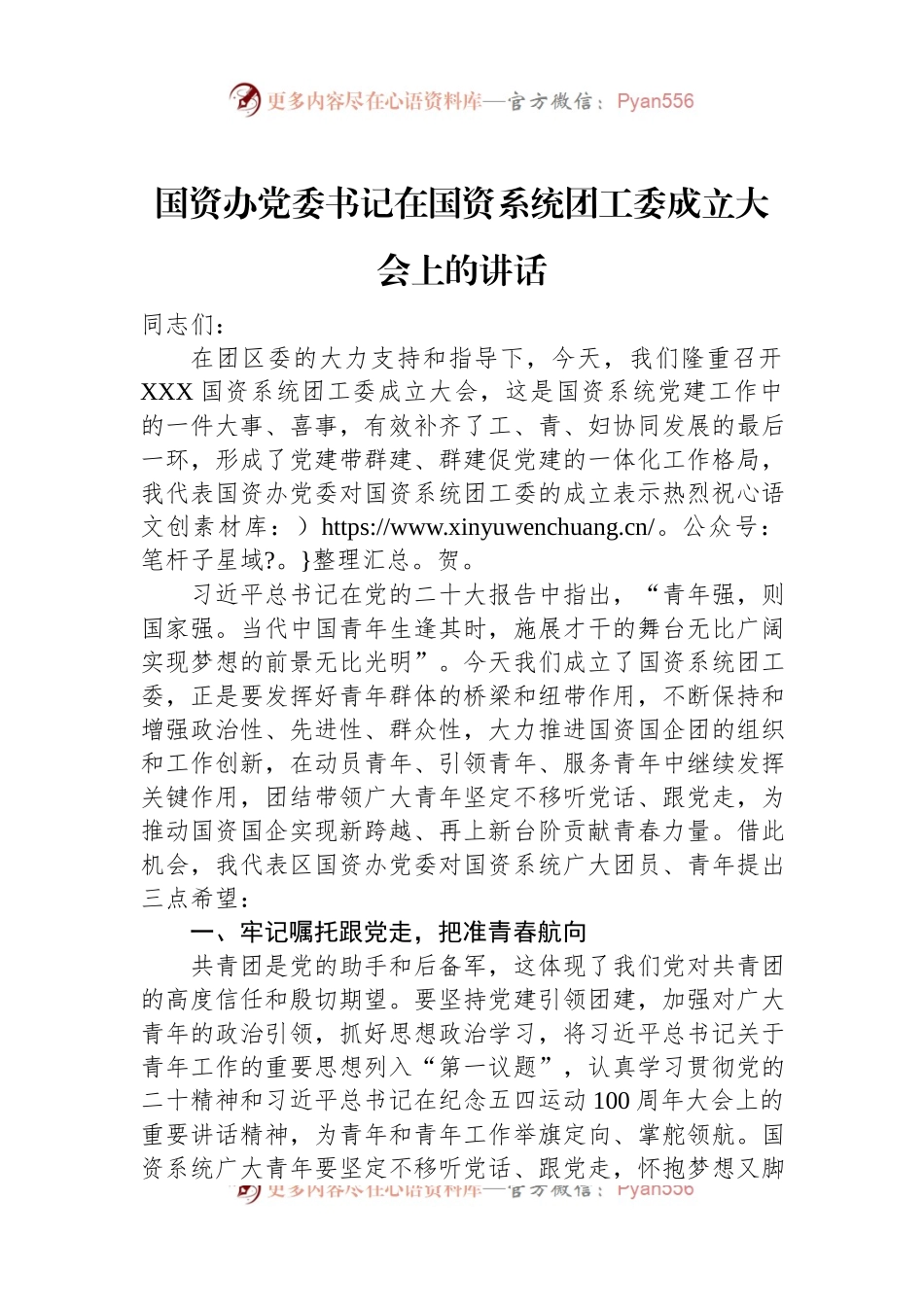 国资办党委书记在国资系统团工委成立大会上的讲话.docx_第1页