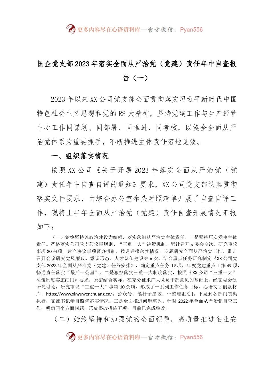 国企党支部2023年落实全面从严治党（党建）责任年中自查报告（一）.docx_第1页