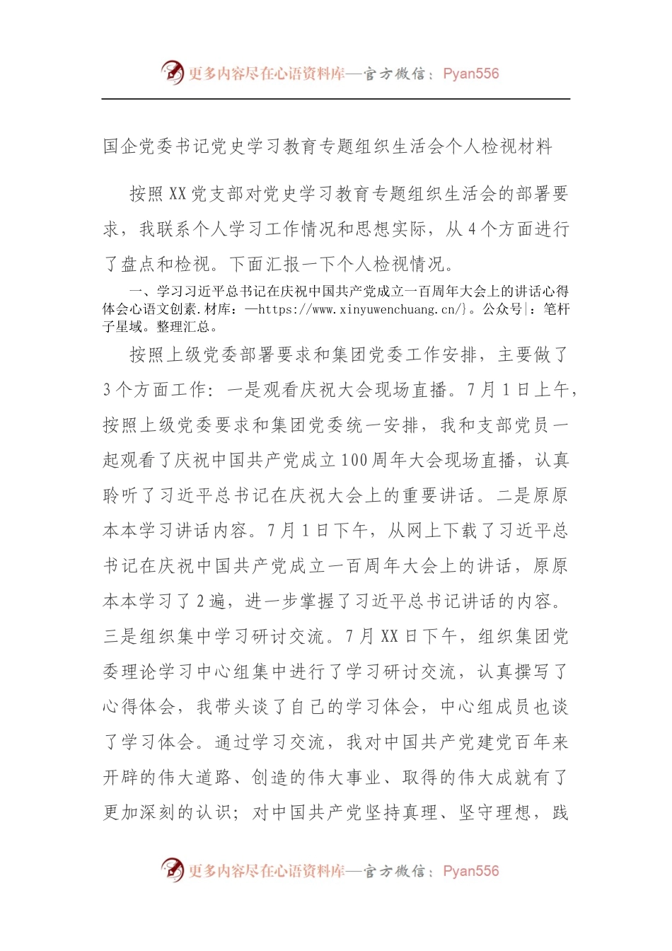 国企党委书记党史学习教育专题组织生活会个人检视材料（5）.docx_第1页