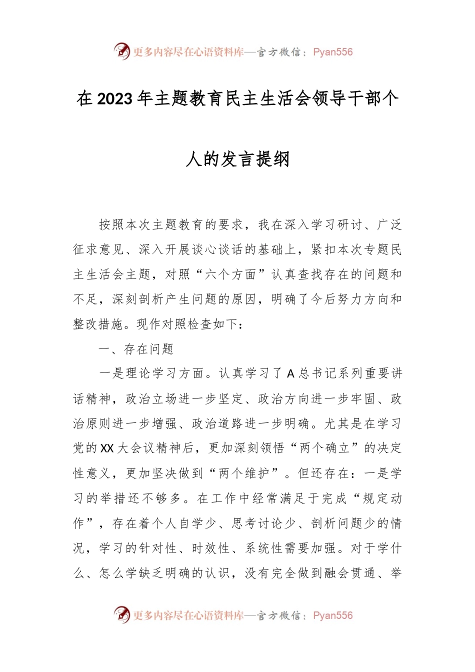 在2023年主题教育民主生活会领导干部个人的发言提纲.docx_第1页