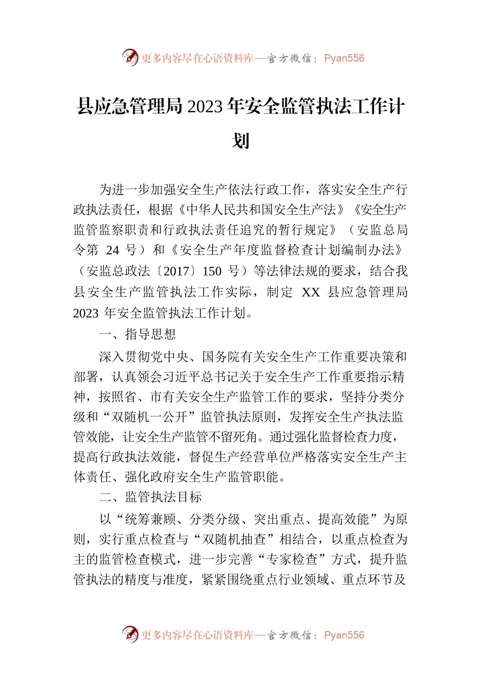县应急管理局2023年安全监管执法工作计划.docx_第1页