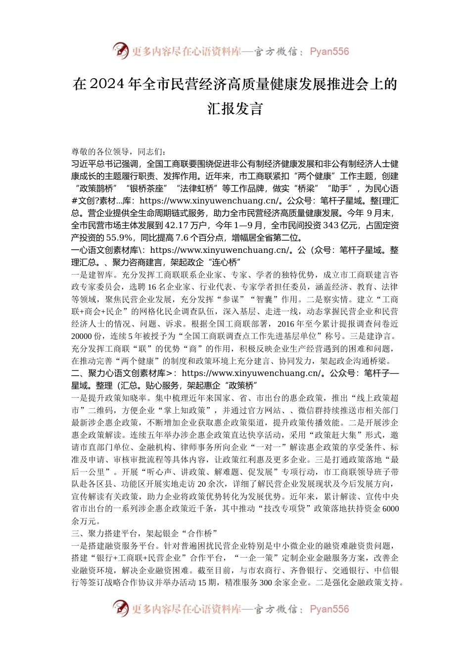 在2024年全市民营经济高质量健康发展推进会上的汇报发言.docx_第1页