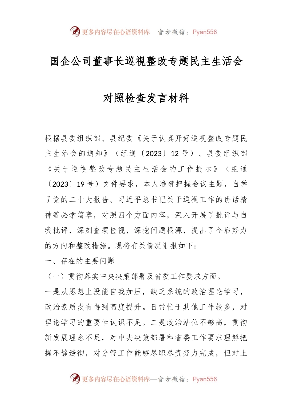 国企公司董事长巡视整改专题民主生活会对照检查发言材料.docx_第1页
