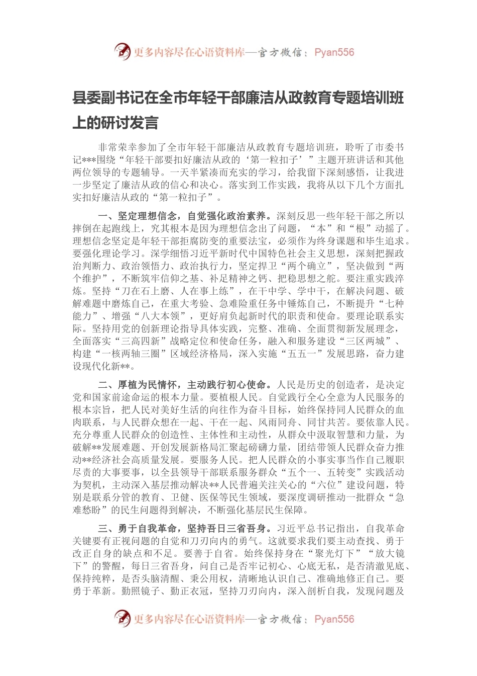 县委副书记在全市年轻干部廉洁从政教育专题培训班上的研讨发言.docx_第1页