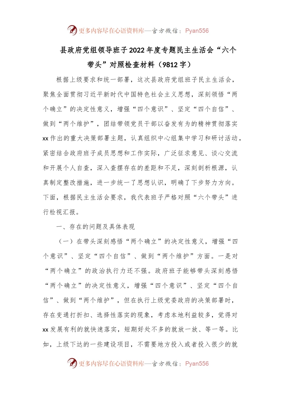 县政府党组领导班子2022年度专题民主生活会“六个带头”对照检查材料（9812字）.docx_第1页